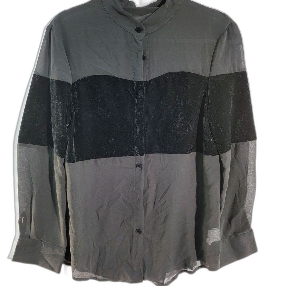 Black-Gray Contrast Mesh Button Front Long Sleeve Casual Shirt For Women Medium